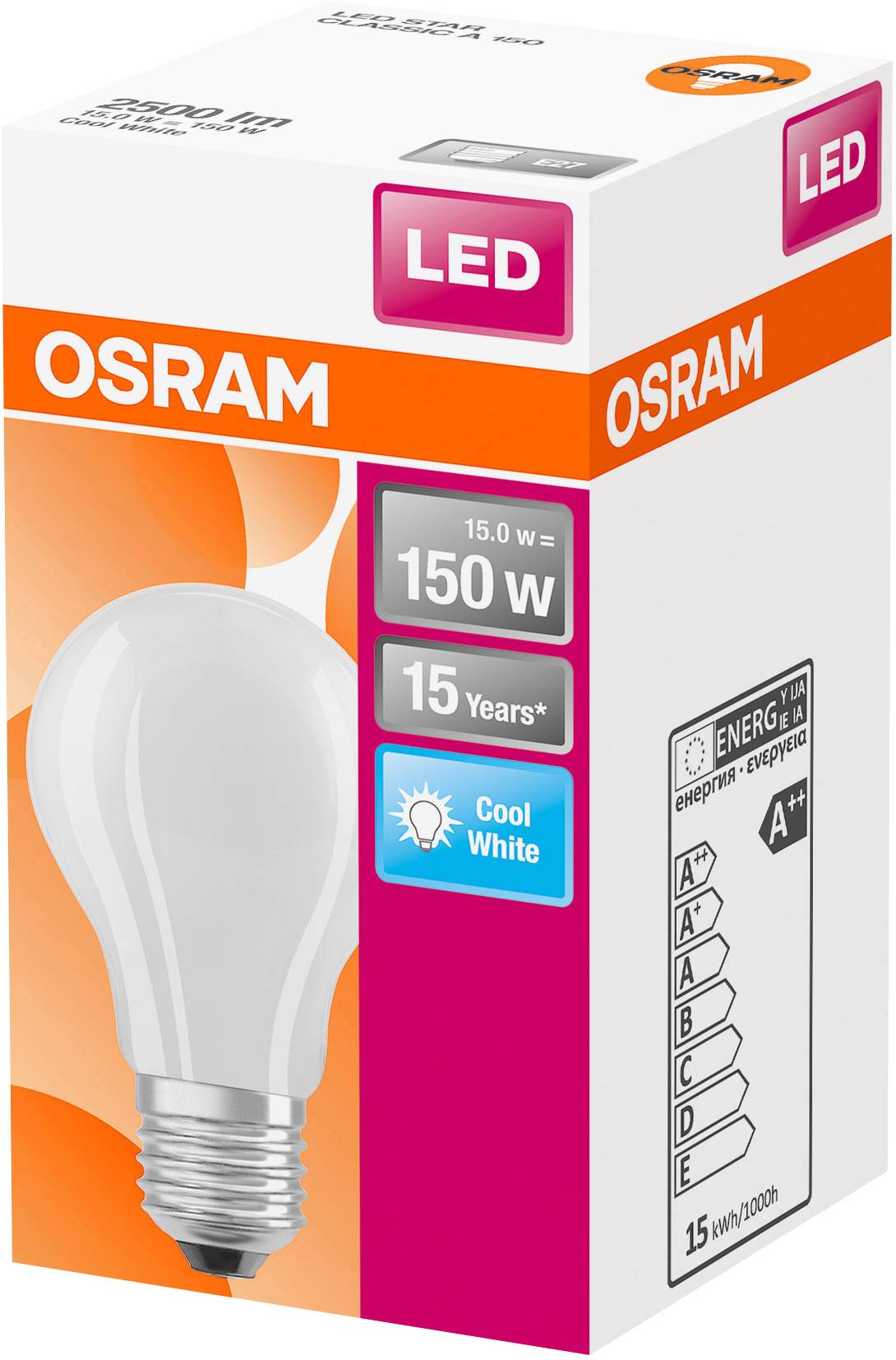 Emballage d'une ampoule LED Osram, 15 watts, remplacement 150 watts, durée de vie de 15 ans, lumière blanc froid, classe énergétique A++.