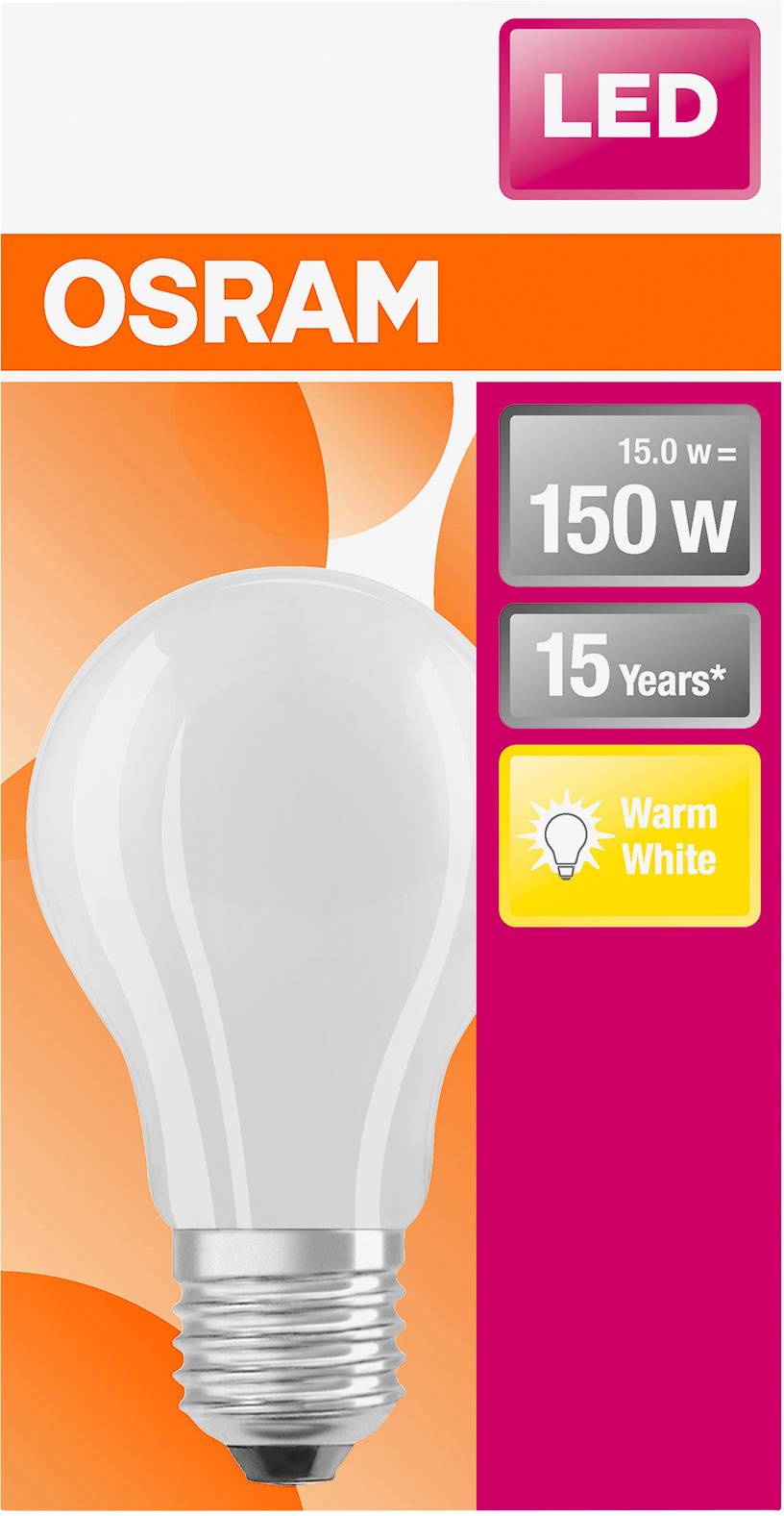Ampoule LED OSRAM, 15 watts, durée de vie de 15 ans, lumière blanc chaud. L'emballage est orange et blanc avec le logo de la marque.