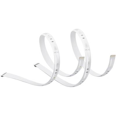 Une bande LED blanche et flexible, représentée de manière ondulée, avec de petites LED et des contacts en cuivre aux extrémités.