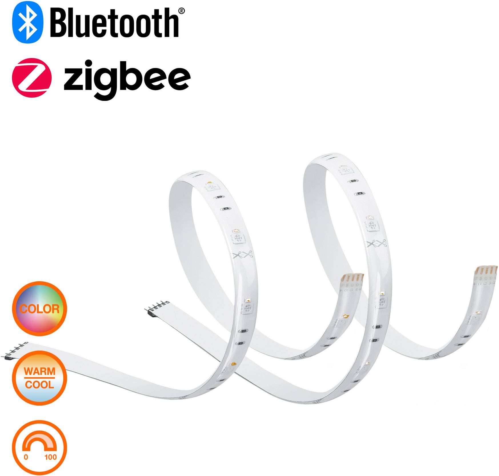 Logos Bluetooth et Zigbee au-dessus d'une barre lumineuse LED blanche. Les symboles indiquent un changement de couleur et un réglage de la luminosité de 0 à 100.