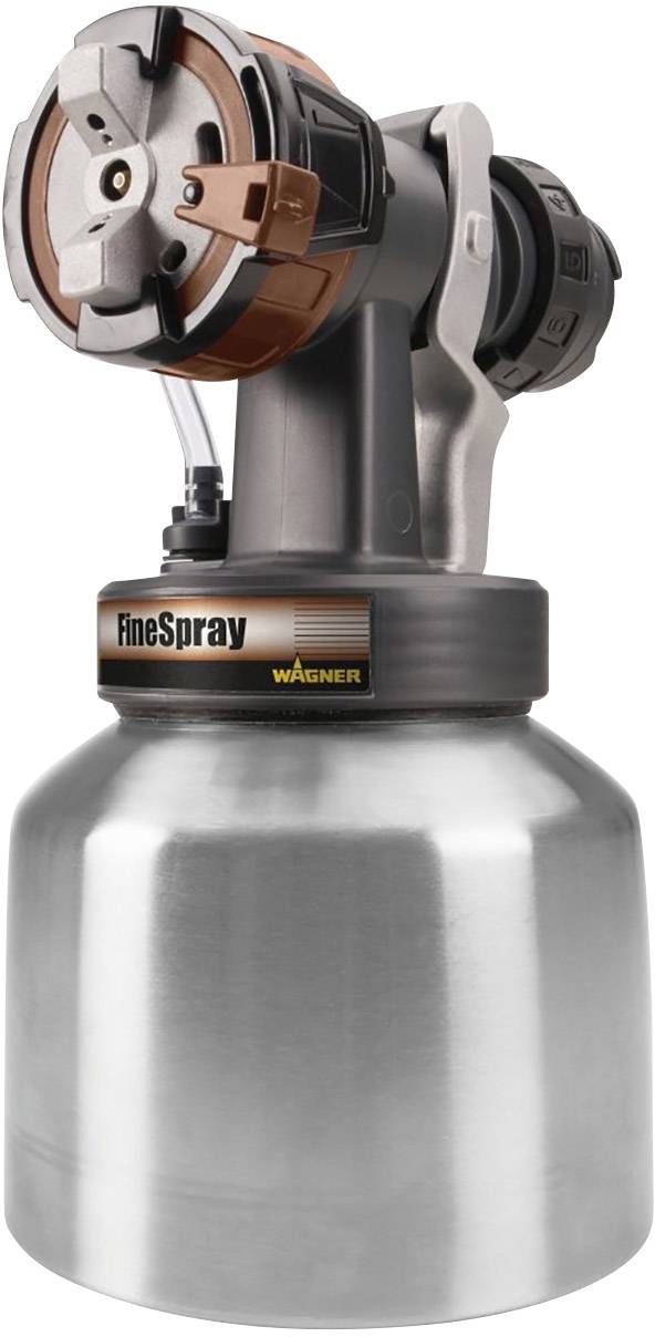 Un système de pulvérisation de peinture avec un réservoir métallique robuste, prêt à l'emploi pour une application précise de peinture, marque 'Wagner FineSpray'.