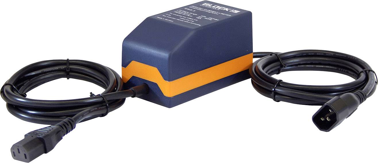 Un appareil électronique avec deux câbles connectés, l'un avec une fiche mâle et l'autre avec une fiche femelle, sur un fond blanc.