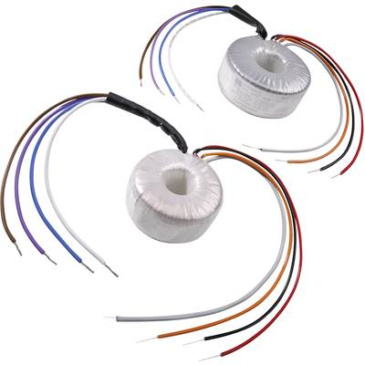 Deux transformateurs à noyau toroïdal avec plusieurs câbles de connexion colorés, adaptés aux appareils électroniques ou aux systèmes d'éclairage.