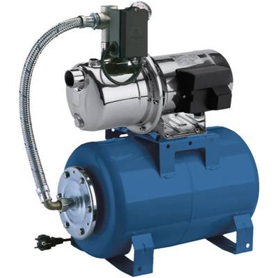Un système de pompage d'eau électrique avec un moteur argenté en haut d'un réservoir d'eau bleu, relié par des tuyaux métalliques.