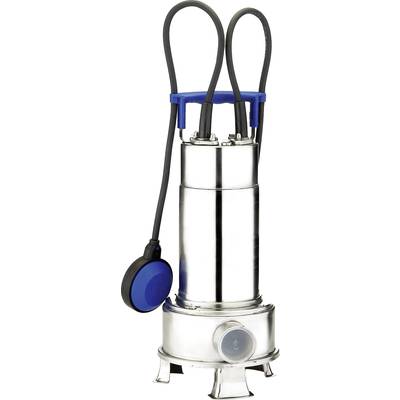 Une pompe de puisard en acier inoxydable argentée, équipée de trois câbles noirs et d'un interrupteur à flotteur bleu, reposant sur une base argentée.