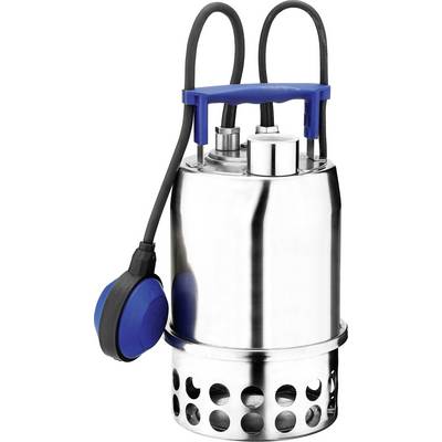 Pompe de plongée en argent avec des poignées bleues et un flotteur. Elle présente des trous sur sa face inférieure pour l'entrée d'eau et deux câbles.