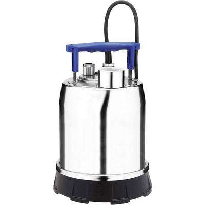 Une pompe de puisage en acier inoxydable avec une poignée de transport bleue et un câble noir, adaptée pour une utilisation dans les chantiers et le pompage de l'eau.