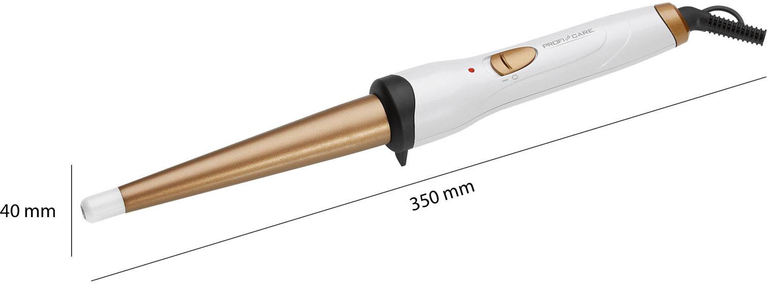 Fer à friser au design conique, manche blanc, tige couleur bronze. Dimensions : longueur 350 mm, diamètre 40 mm au point le plus large.