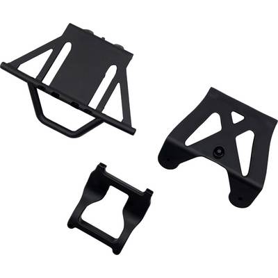 Trois pièces métalliques peintes en noir, probablement des accessoires ou des pièces de rechange pour un véhicule, sur un fond blanc.