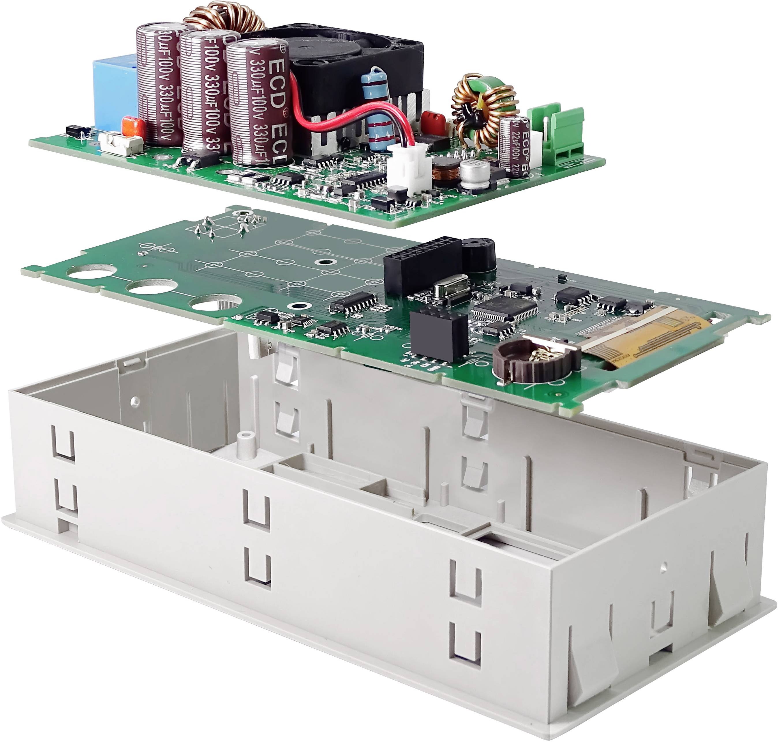 'Vue éclatée d'un dispositif électronique en trois niveaux : carte électronique avec condensateurs et bobines, deuxième carte électronique, boîtier en plastique.'