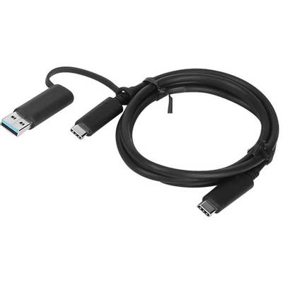 Un câble USB noir avec une fiche USB-A d'un côté et une fiche USB-C de l'autre, sur un fond blanc.