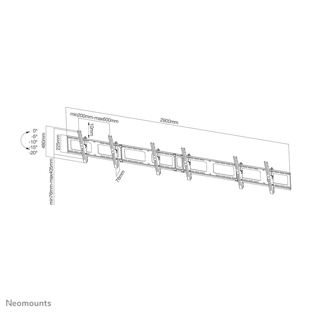 Support mural pour moniteurs, largeur maximale de 2900 mm. Options d'inclinaison : 0°, -5°, -10°, -15°, -20°. Hauteur réglable de 428 à 728 mm.
