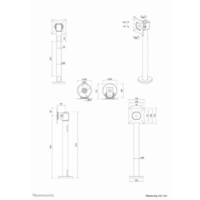 Dessin technique d'un support de moniteur : vues de face, de dos et de côté. Dimensions et angles de rotation indiqués.