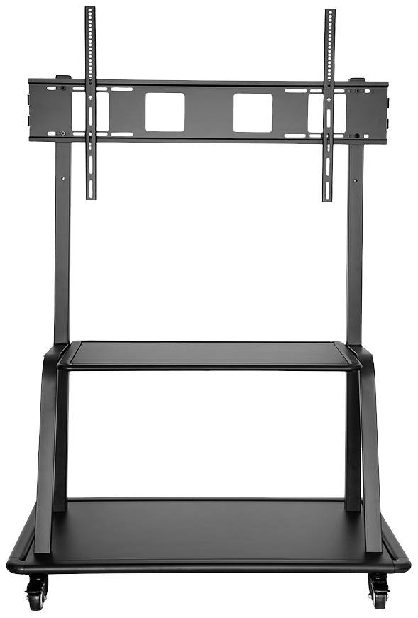 Un support de télévision noir sur roulettes, avec deux niveaux et un support adapté aux grands écrans. Idéal pour les présentations ou les conférences.