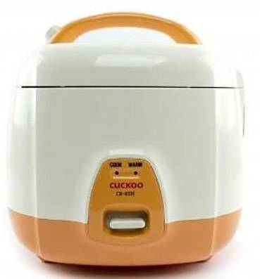 Cuiseur à riz avec un boîtier orange et blanc, vue de face. Panneau de commande avec des réglages pour 'Cuisson' et 'Maintien au chaud'.