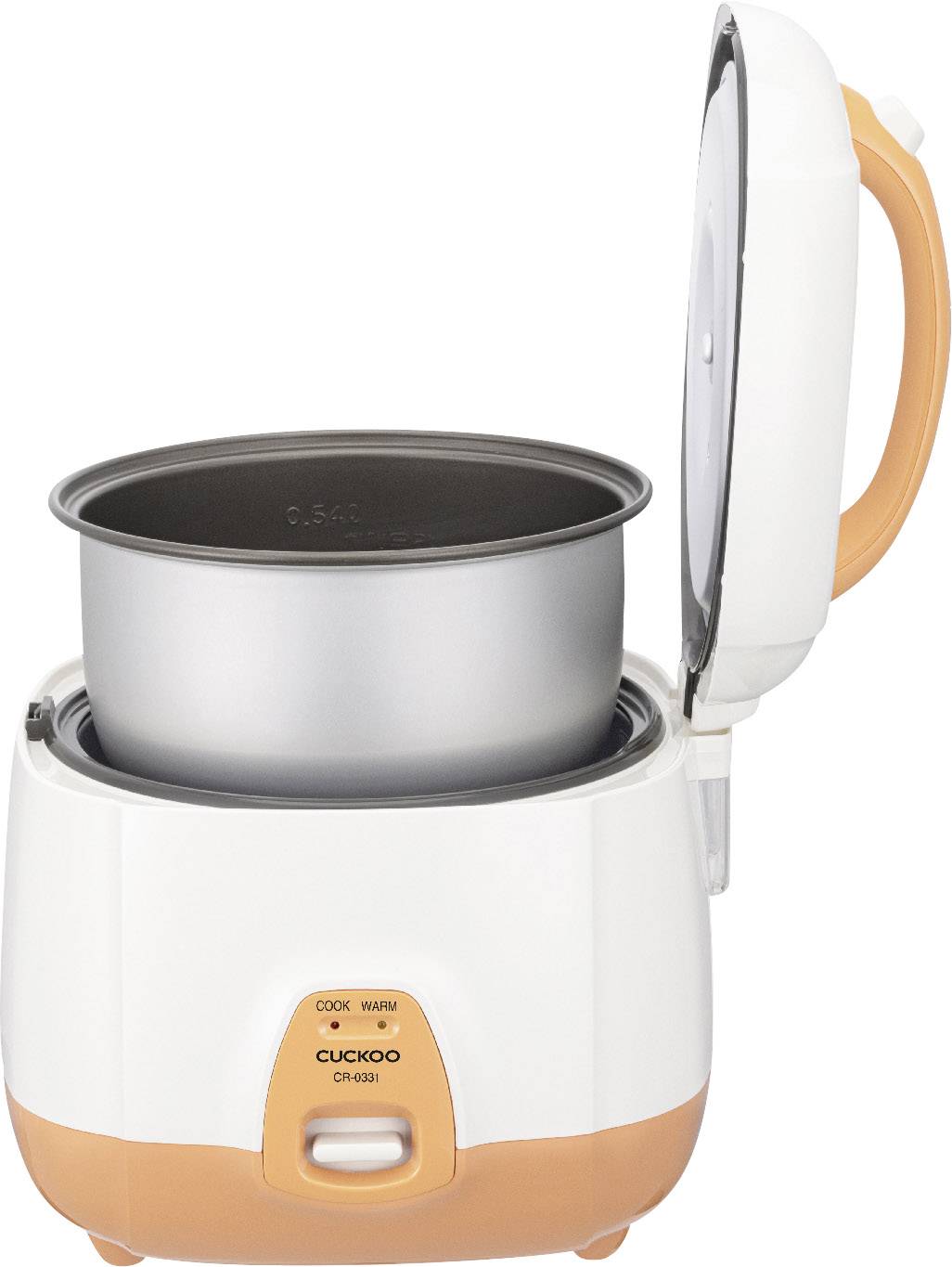 Cuiseur à riz avec le couvercle ouvert, montrant la cuve amovible. L'appareil est de couleur orange et blanc et de design compact.