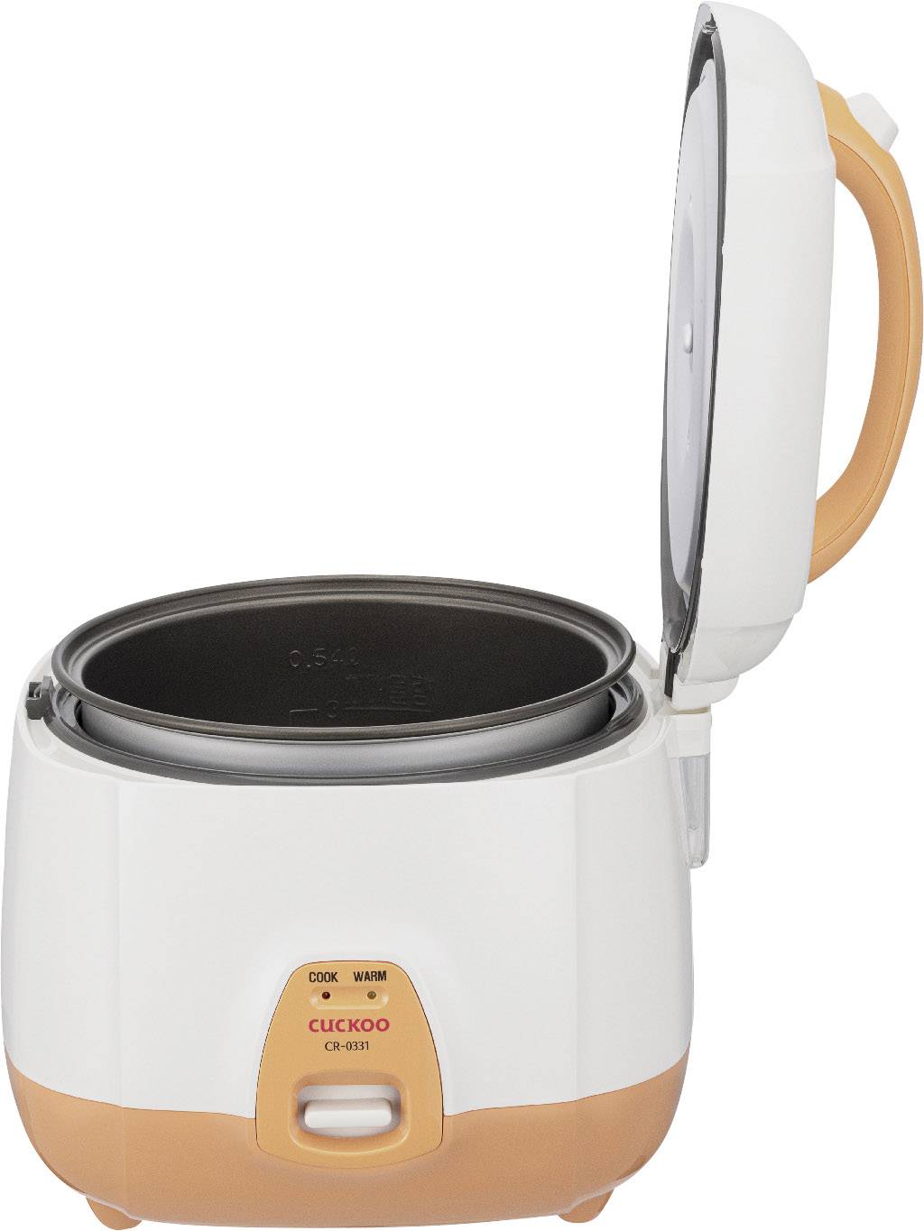 Un cuiseur à riz blanc avec des touches d'orange. Le couvercle est ouvert, révélant la cuve intérieure.