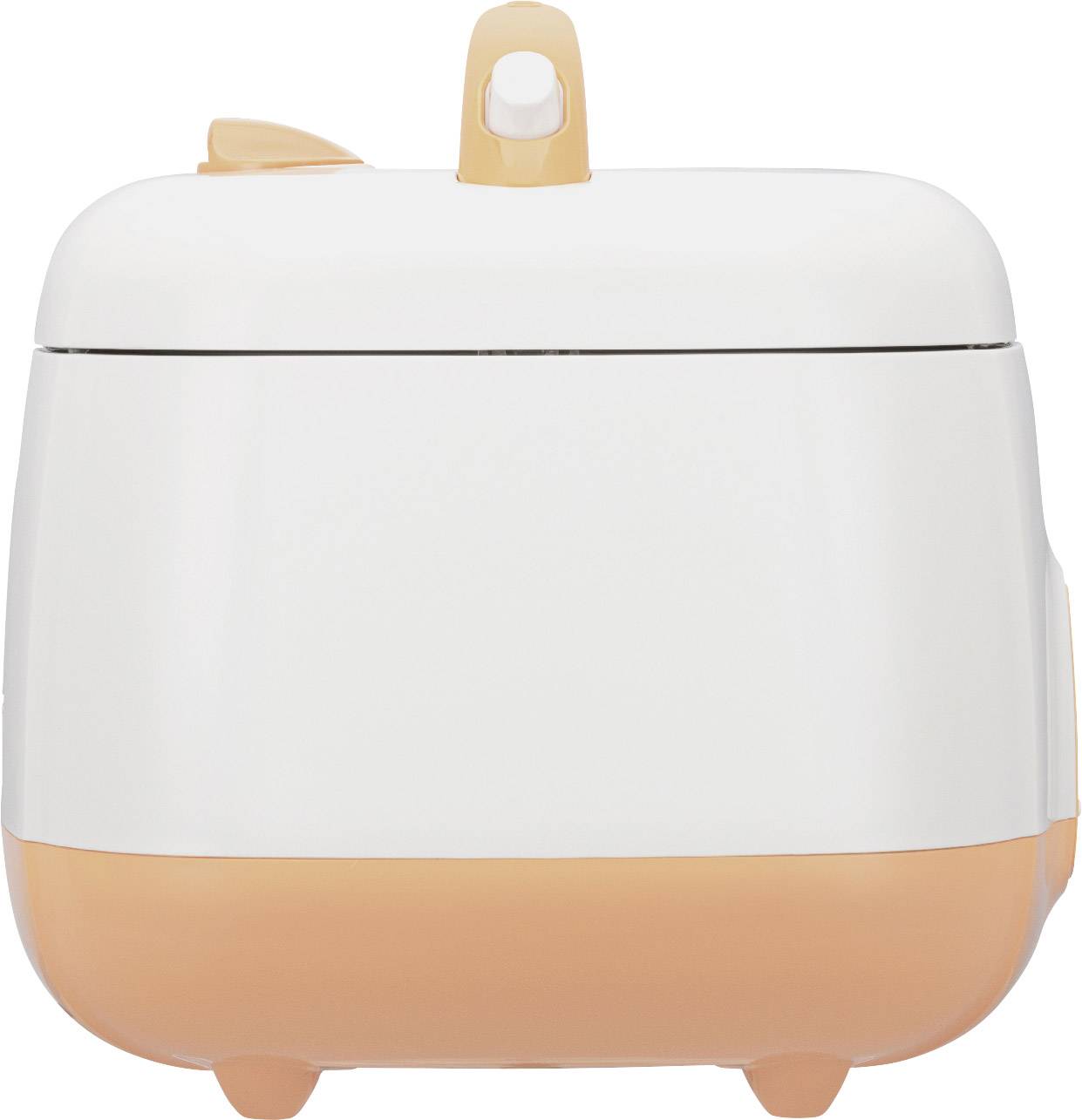 Un petit cuiseur à riz électrique avec un socle orange et un couvercle blanc. Parfait pour les petites cuisines.