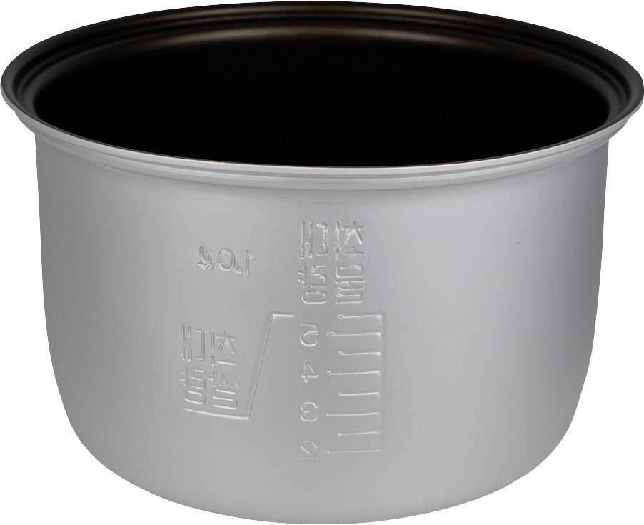 Pot cylindrique gris avec un indicateur de mesure sur le côté, indiquant les quantités en litres. Revêtement intérieur noir.