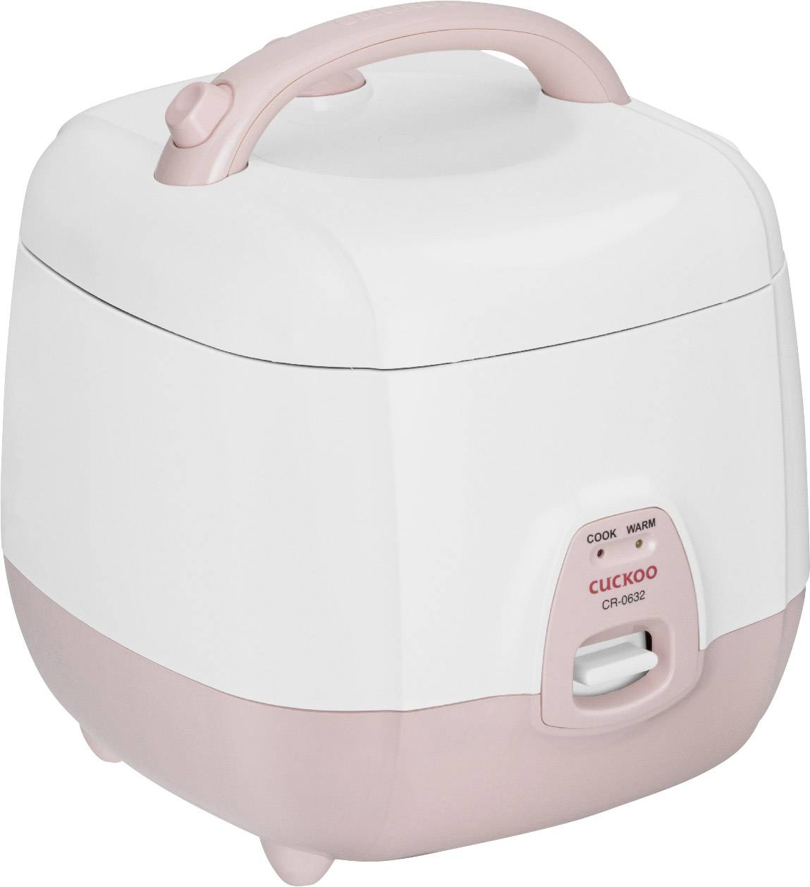 Un petit cuiseur à riz carré blanc et rose avec une poignée en haut et un bouton de commande à l'avant. Adapté pour cuire et maintenir le riz au chaud.