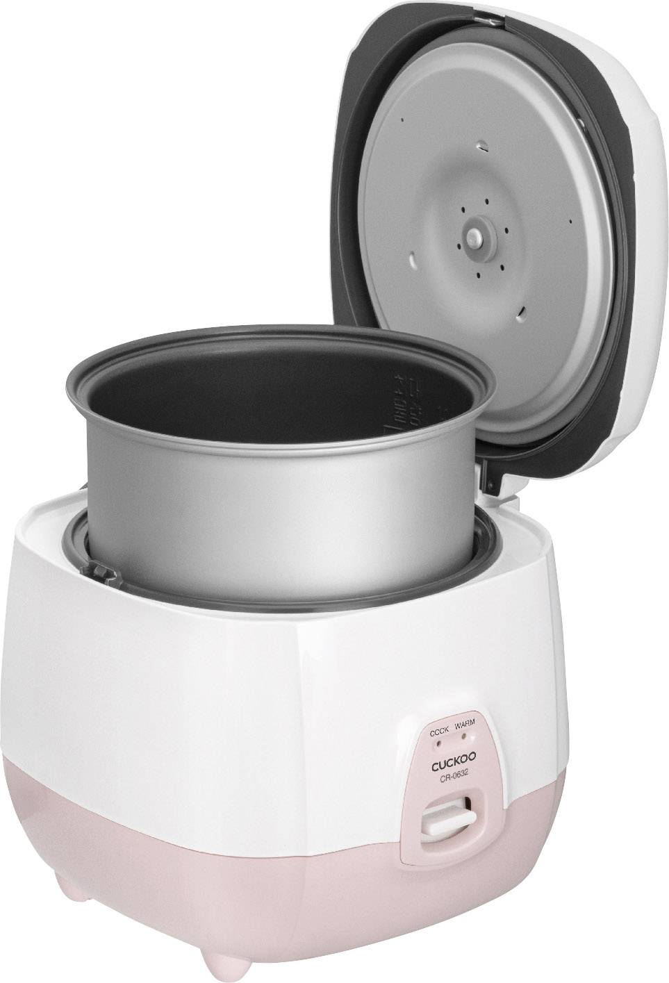 Cuiseur de riz en blanc et rose avec le couvercle ouvert. La cuve intérieure est visible.