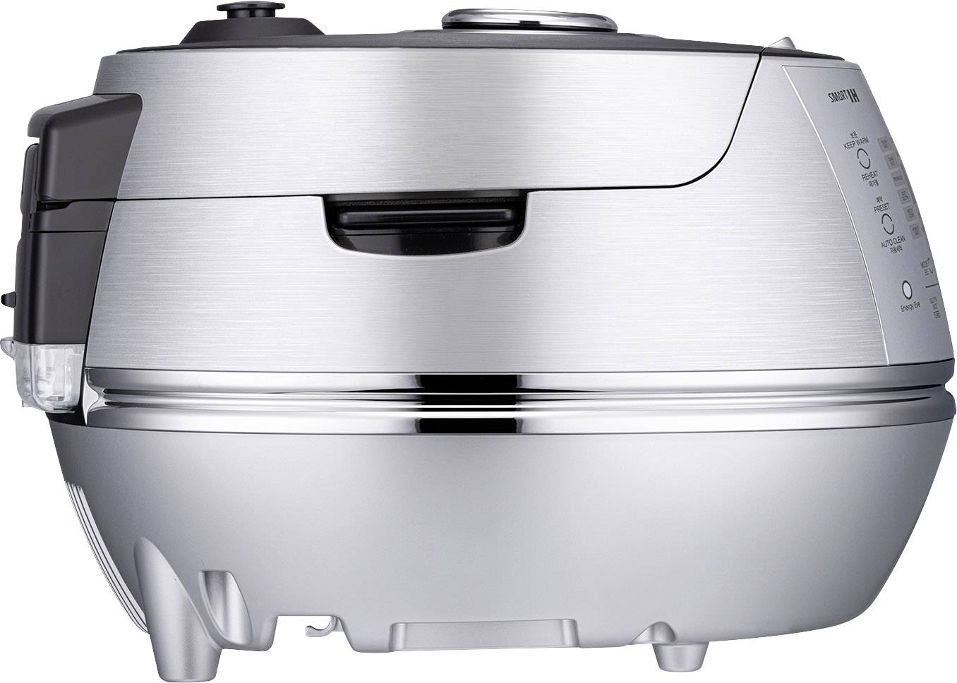 Une casserole à pression en argent avec plusieurs fonctions et un panneau de commande numérique sur le côté, au design arrondi.