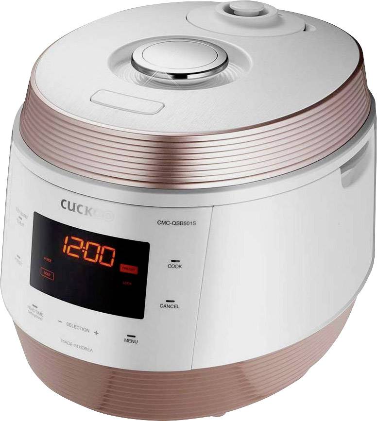 Une cocotte-minute électrique avec affichage numérique indique l'heure '12:00'. L'appareil présente un design blanc et rose.