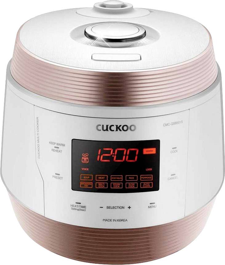 Un cuiseur à riz électrique avec un affichage numérique indiquant '12:00'. La marque 'Cuckoo' est visible sur le dessus de l'appareil.