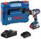 Ensemble de perceuse sans fil Bosch avec mallette bleue, chargeur et batterie.