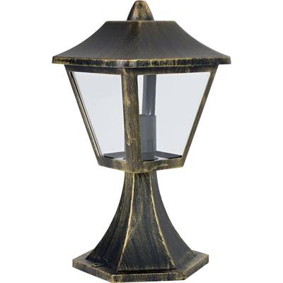 Une lanterne d'extérieur rustique de couleur bronze avec des vitres transparentes. Idéale comme éclairage décoratif pour le jardin.