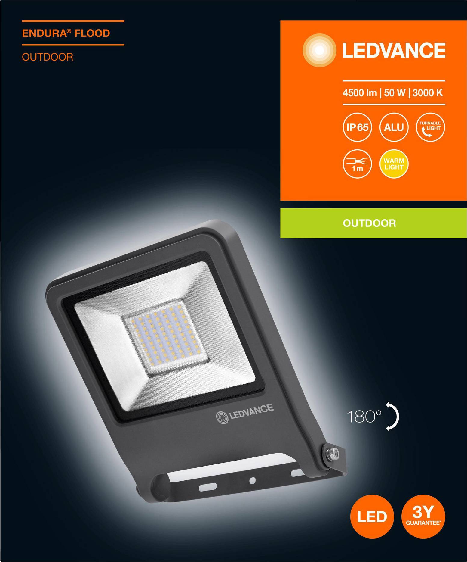 Projecteur LED extérieur LEDVANCE, modèle 'Endura Flood', 4500 lm, 50 W, 3000 K, IP65, avec 3 ans de garantie, angle de diffusion de 180°.