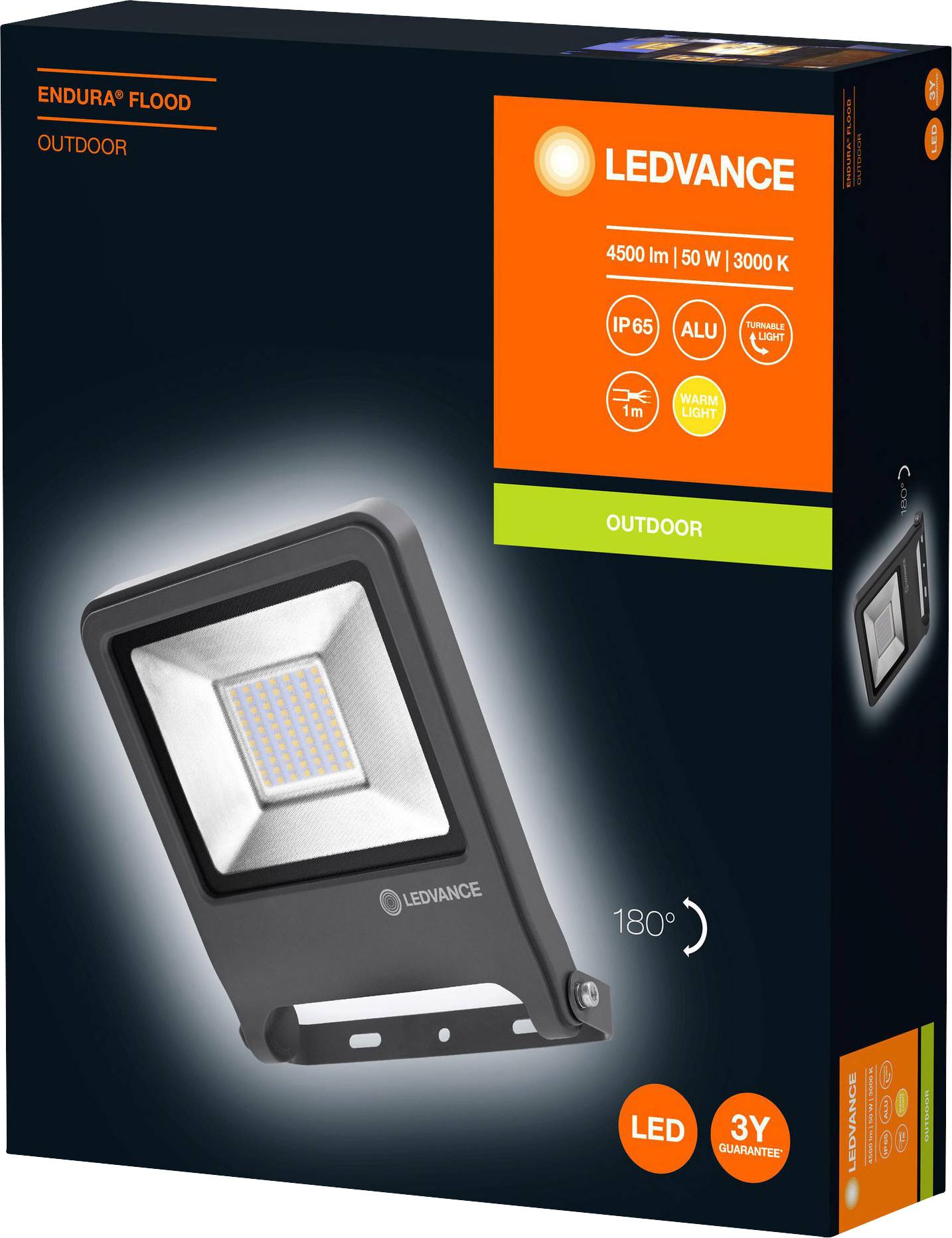 Emballage d'un projecteur LED, 4500 lm, 50 W, 3000 K, IP65, pour utilisation extérieure. Contient une image du produit, le nom de la marque et les détails.