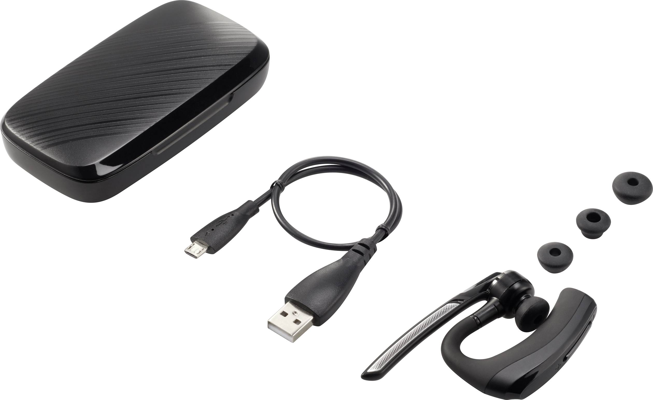 Un ensemble d'écouteurs Bluetooth sans fil : boîtier de charge, câble micro-USB, écouteurs avec microphone et trois embouts d'oreille interchangeables.