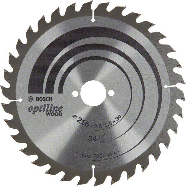 'Lame de scie Bosch Optiline pour bois, diamètre 216 mm, max. 7000 tr/min, adaptée pour des coupes de bois précises.'