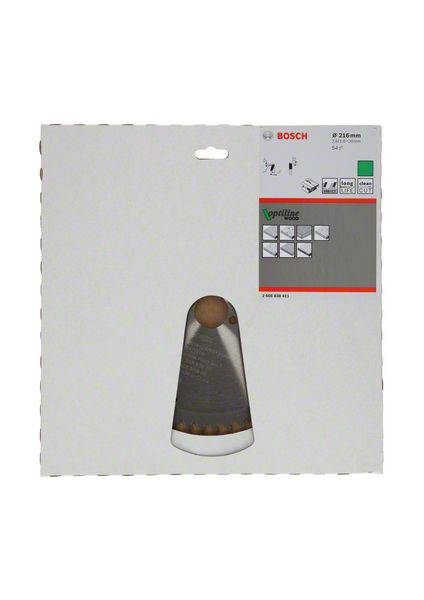 Emballage d'une lame de scie Bosch. Contient une illustration de la lame avec des détails sur sa taille et son usage. Fond gris.