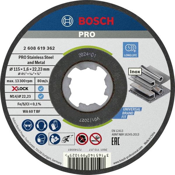 Bosch Accessories X-LOCK 2608619362 Disque à tronçonner 115 mm 1 pc(s) INOX