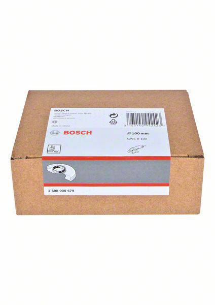 Un carton brun de Bosch, avec une étiquette indiquant un disque à meuler : diamètre 100 mm, modèle GWS 5-100.