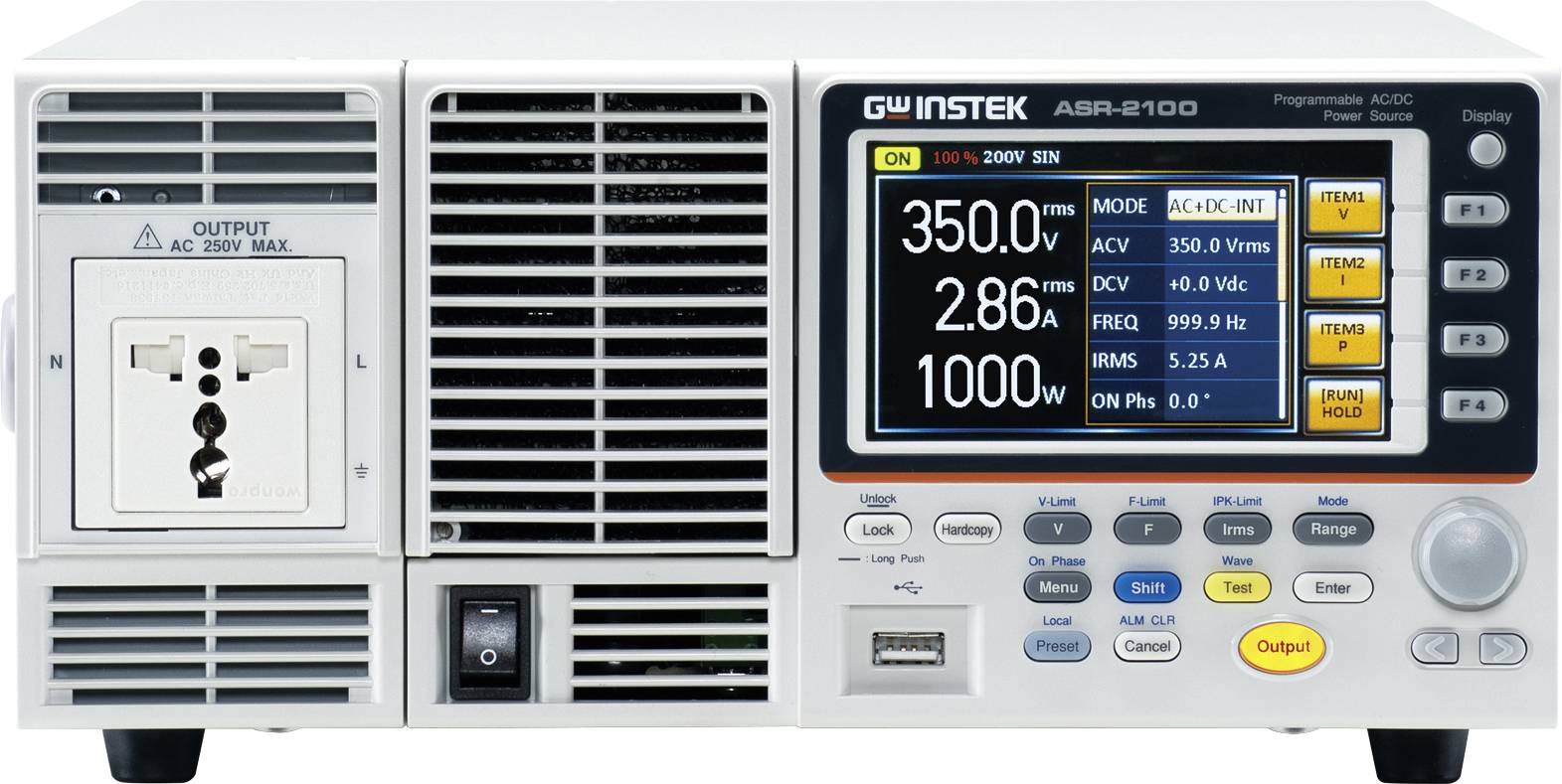 Un bloc d'alimentation programmable GW Instek ASR-2100 avec affichage numérique indique la tension (350 V), le courant (2,86 A) et la fréquence (60 Hz).