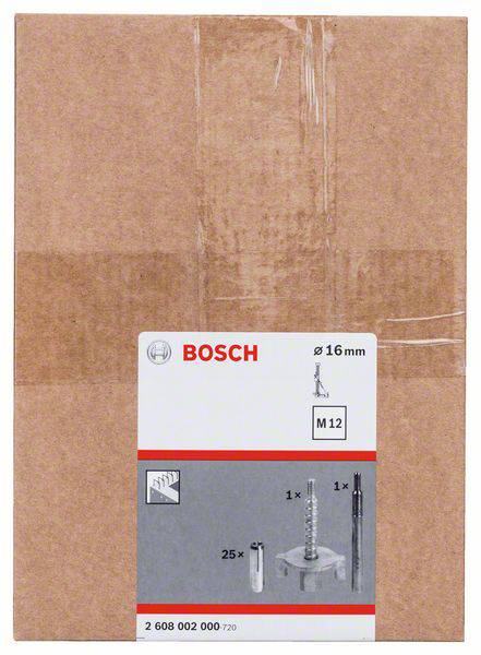 Boîte en carton avec logo Bosch, contenant 25 forets de 16 mm de diamètre, référence article 2 608 002 000.