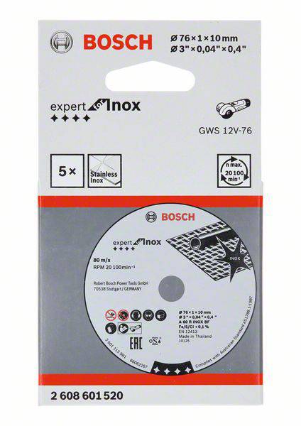 Emballage d'un disque à tronçonner Bosch 'expert for Inox', adapté pour l'acier inoxydable. Affiche les dimensions du disque, la vitesse de rotation et les informations de sécurité.