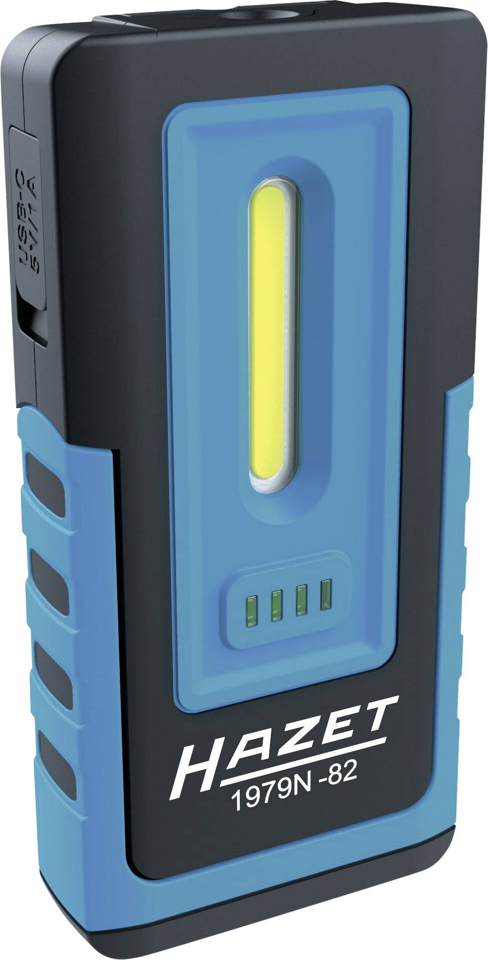 Lampe de travail LED portable de Hazet, forme compacte, design bleu et noir avec une bande lumineuse jaune vif et indicateur de charge.