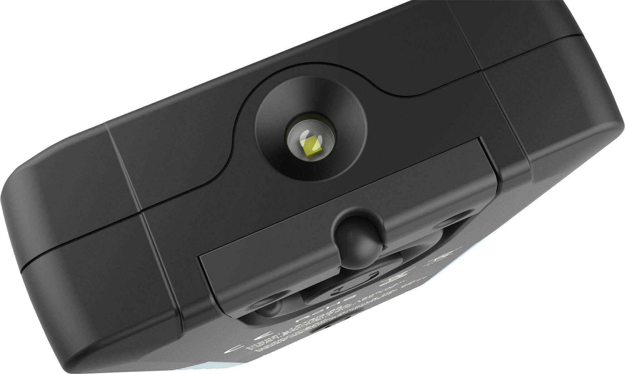 Un appareil électronique noir rectangulaire avec une lumière centrale proéminente. La surface supérieure est lisse et arrondie.