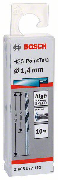 Bosch HSS PointTeQ 1,4 mm - Foret. Lot de 10 pièces. Haute vitesse.<br><br>Emballage avec image d'un foret hélicoïdal et texte de spécification du produit.