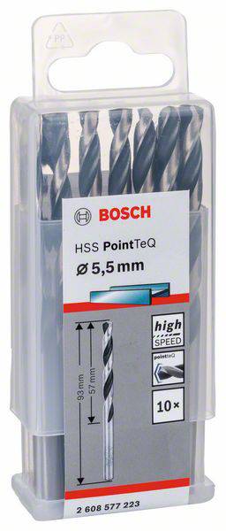 Coffret de forets Bosch comprenant dix forets HSS PointTeQ de 5,5 mm, adapté aux perçages à haute vitesse. L'emballage présente les détails du produit.