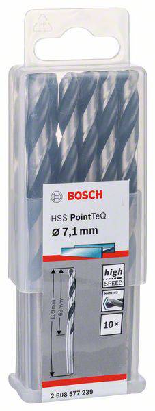 Boîte de dix forets Bosch HSS. Inscription : « HSS PointTeQ Ø 7,1 mm » et « High Speed ». Contient une image d'un foret avec ses dimensions.