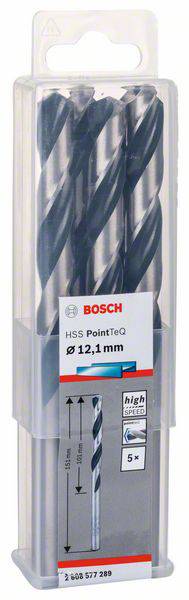 Emballage contenant cinq forets Bosch HSS PointTeq, diamètre 12,1 mm, dans un boîtier en plastique transparent. Logo de la marque et informations sur le produit visibles.