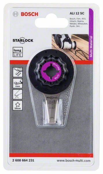 Lame de scie 'Bosch Starlock' pour outils multifonctions, adaptée au bois et au métal. L'emballage présente un exemple d'application.