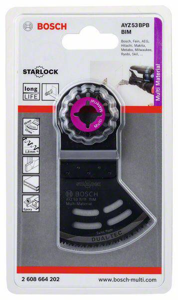 Un emballage de lame de scie Bosch Starlock pour multi-matériaux, montrant le profil des dents et la compatibilité avec différents outils de marque.