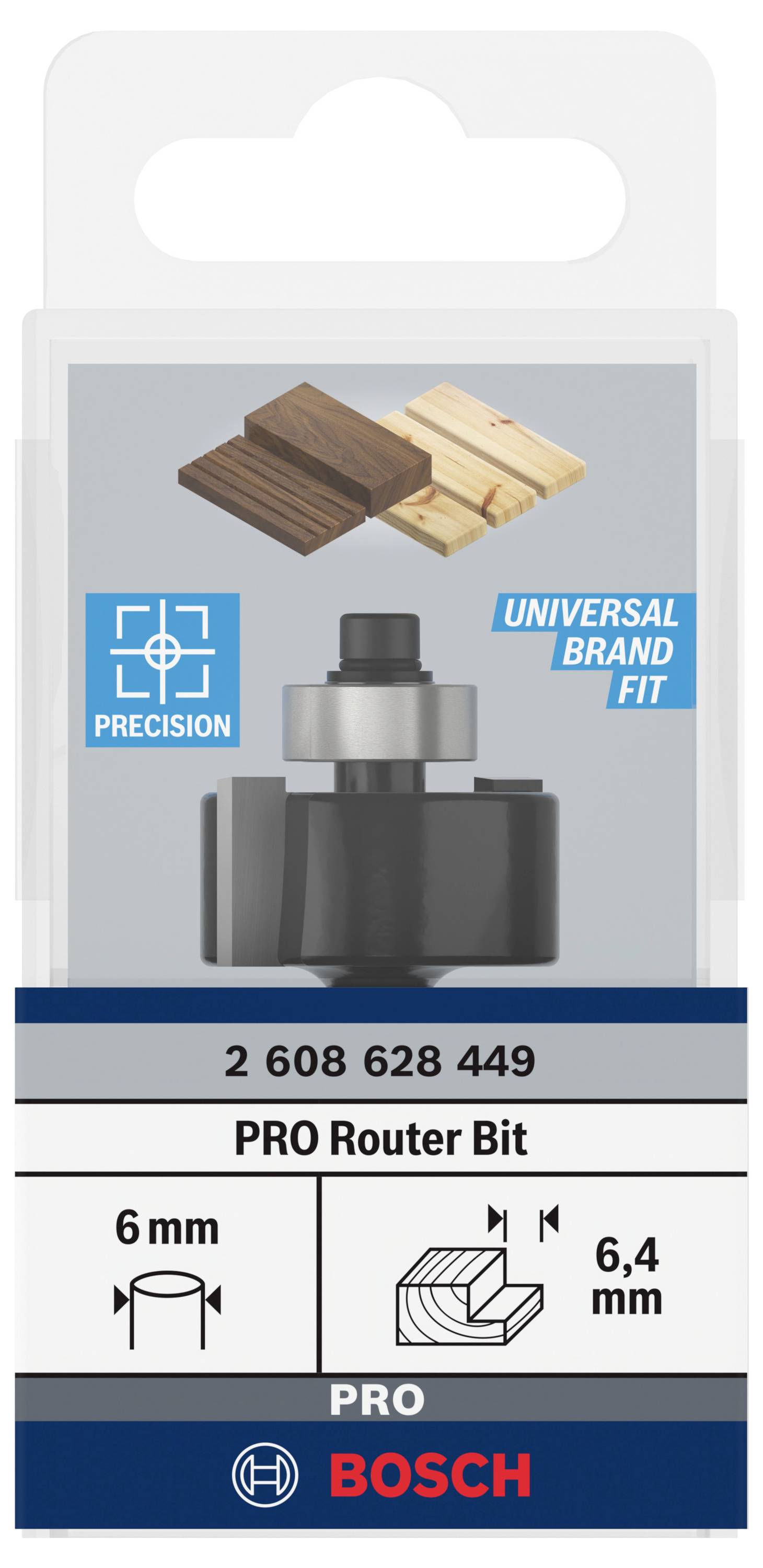 Emballage 'PRO Router Bit' de Bosch, adapté pour les travaux de précision sur bois. Diamètre 6 mm, profondeur de coupe effective 6,4 mm.