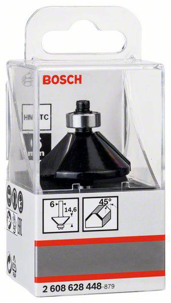 Une lame de fraise Bosch noire dans un emballage transparent, marquée des dimensions suivantes : diamètre 14,6 mm, angle de 45°.